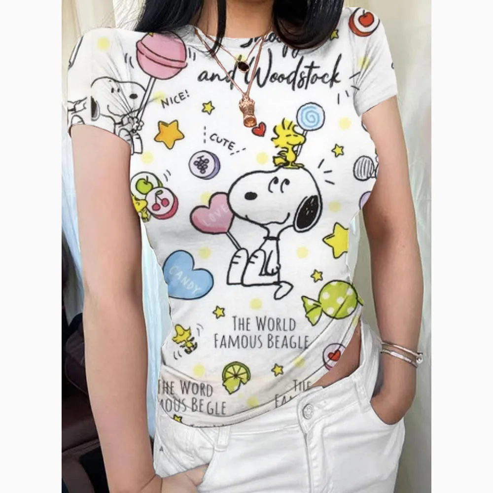 Basic short sleeved women\'s T-shirt Snoopy print top women\'s fashion Korean T-shirt round neck tight top