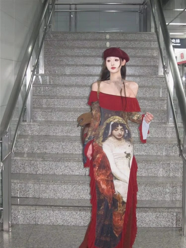 فستان أنيق عتيق مطبوع باللون الأحمر للنساء فساتين صيفية كبيرة الحجم بقصة ضيقة جديدة بدون أكتاف وأكمام طويلة من Vestidos Mujer