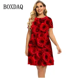 Czerwona róża sukienki w kwiaty dla 2023 kobiet moda z krótkim rękawem sukienka trapezowa lato O-Neck panie luźne odzież Plus Size 6XL