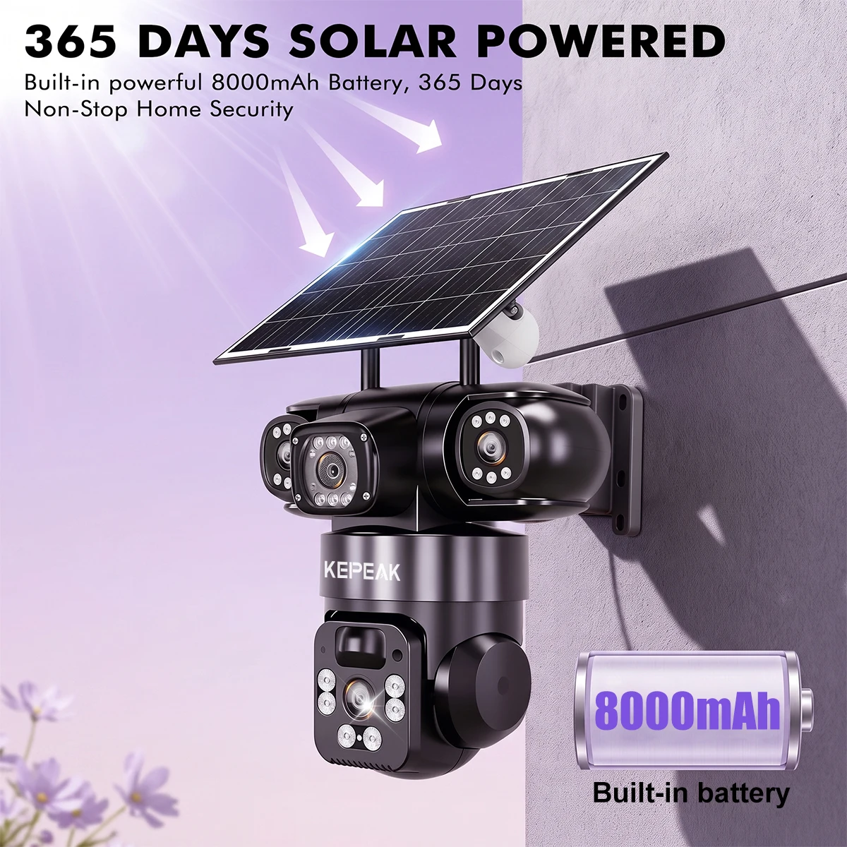 4 Lens Solar Security Camera Wireless Outdoor WiFi PTZ Camera 8000mAh Battery Solar Powered Human Auto Tracking Color Night Vision Two Way Audio IP66 Waterproof V380 Home Surveillance CCTV Camera