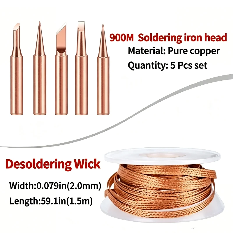 900M-T Soldering Iron Tips + Desoldering Braid Kit, Soldering Welding Repair Accessory Set for Electronic DIY Maintenance