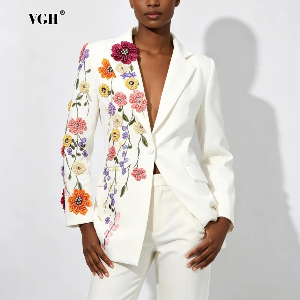 VGH Luxury Flower Embroidery Women Jackets Lapel Collar Long Sleeve Elegant Fit Jacket for Gala Dinner Commute Outing Wear New