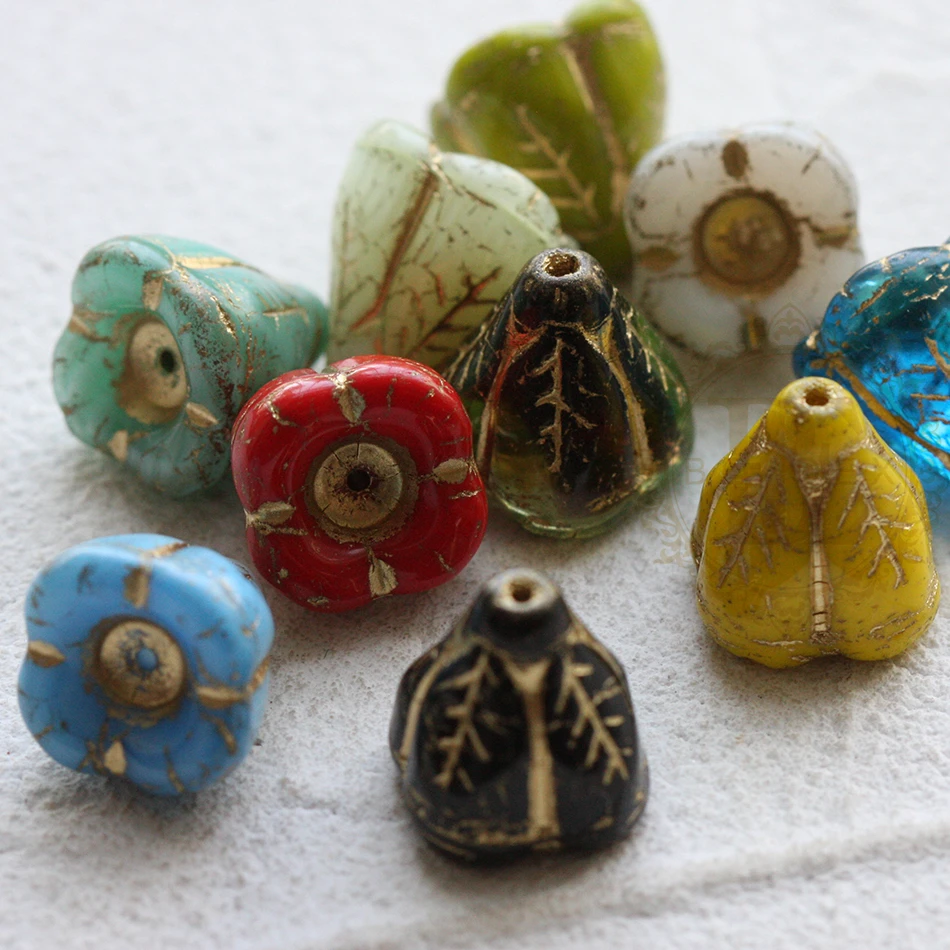 One Piece Czech Glass Beads Bell Flower Cap Center Hole - Varies Colors 14x14mm (CZE-5)