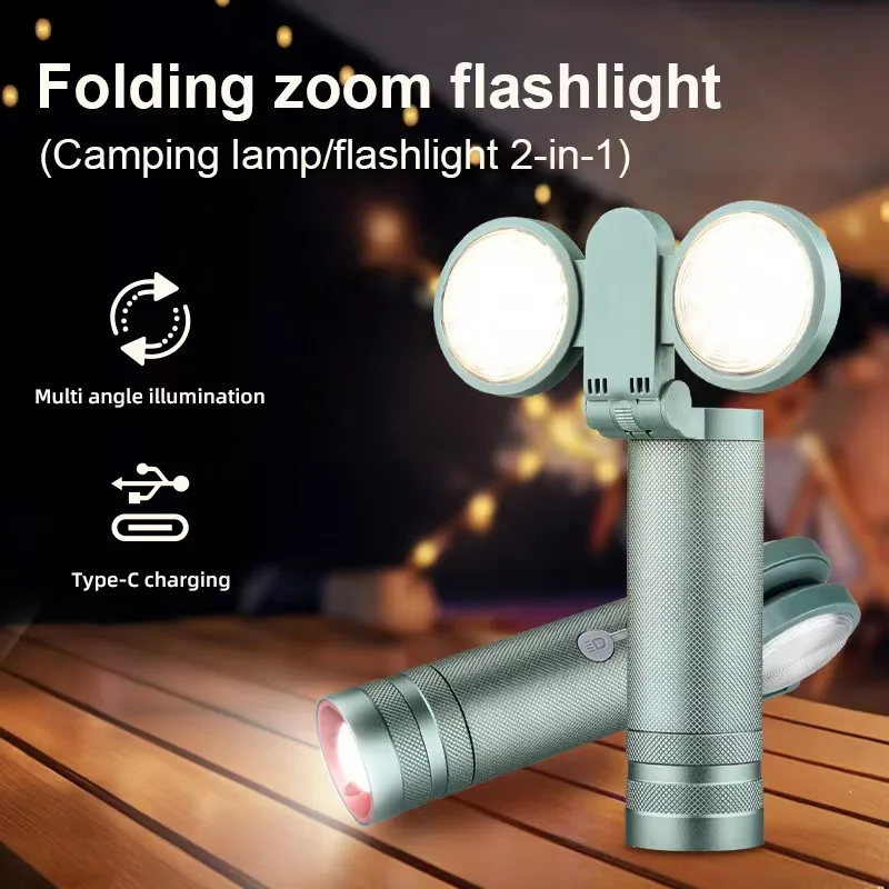 Rechargeable LED Flashlight Camping Lantern 2 in 1 Folding Outdoor Torch Double Side Light USB Portable Emergency Lamp