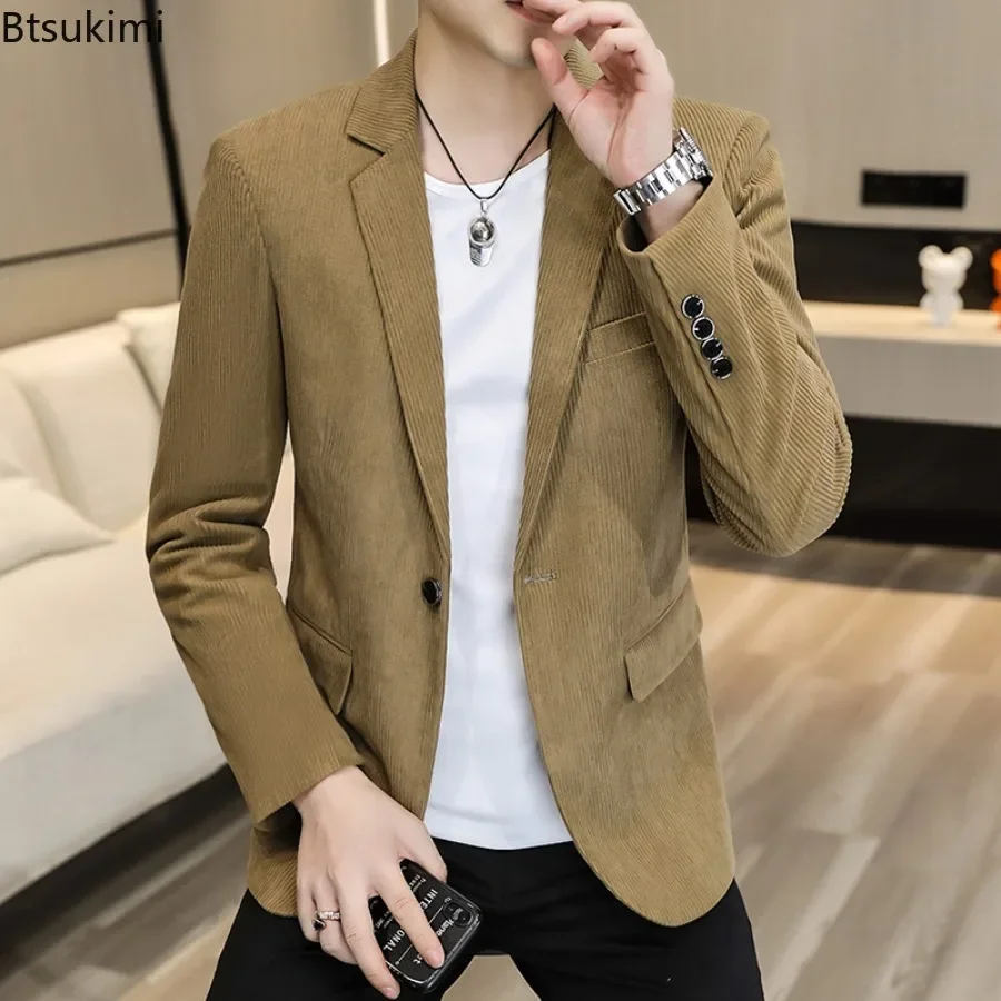 

2024 New Men's Corduroy Blazers Jacket Fashion Business Casual Solid Slim Suit Coats Trend Men Single Button Simple Blazers Tops