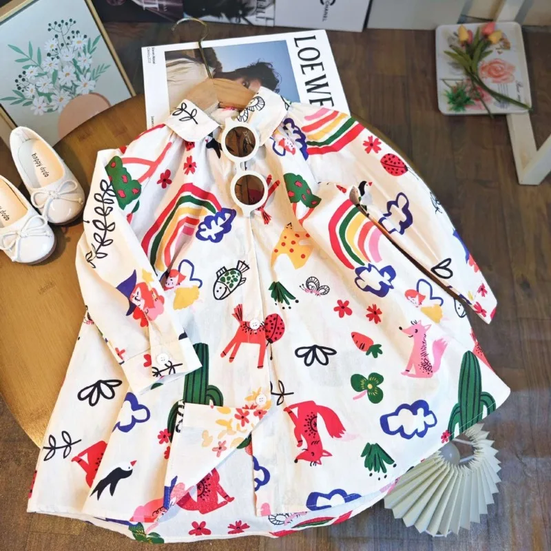 

2024 Kids Dresses for Girls Cute Cartoon Graffiti Printing Rainbow Shirt Dress Baby Girls Floral Long-sleeved Dress Princess