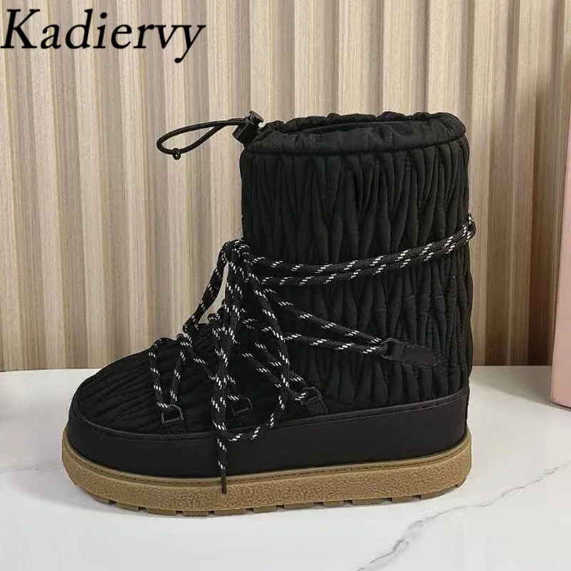 New Snow Boots Woman Thick Sole Winter Shoes Women Round Toe Lace Up Short Plush Warm Short Boots Pleated Flat Long Boots Women