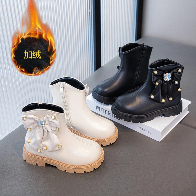 

Новинка 2023 года, кожаные ботинки в стиле принцессы для девочек, осенние детские ботинки с блестящим бантом, простые ботинки на мягкой подошве Детские сапоги
