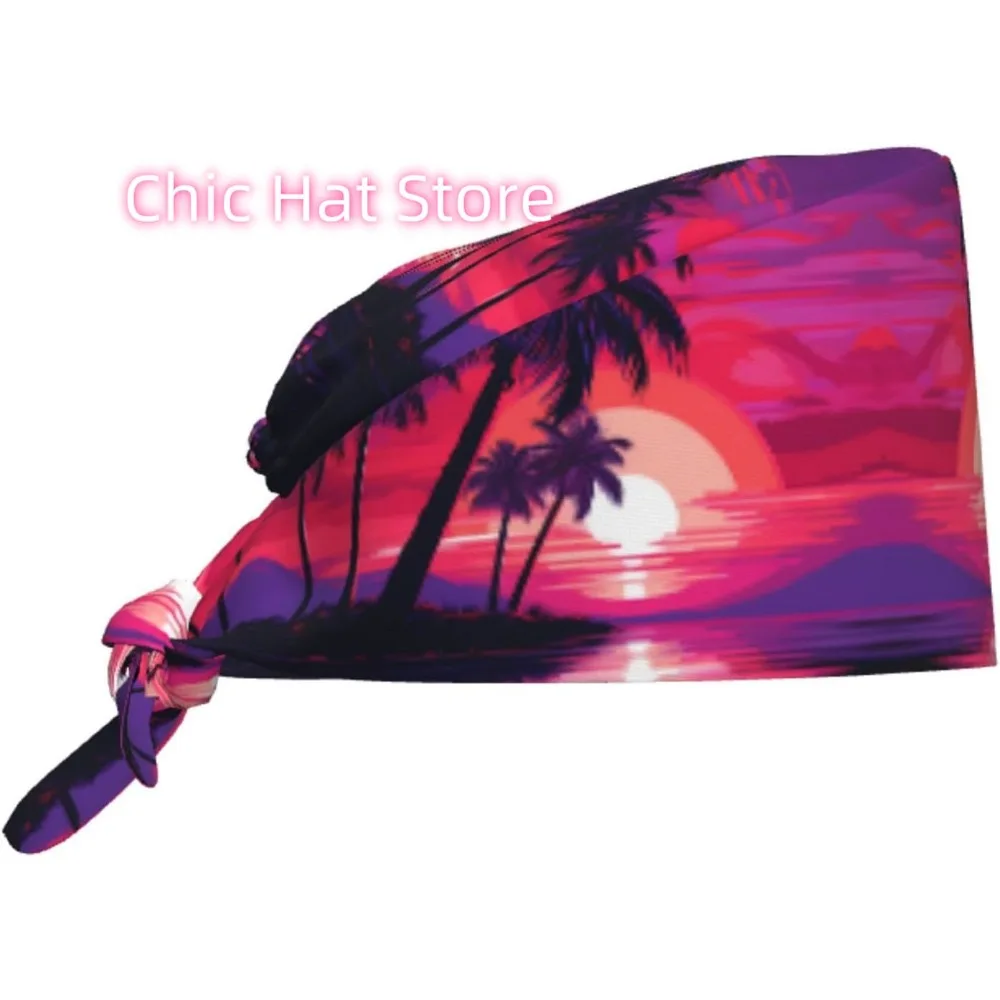 

Breathable Work Hat Palm Tree Purple Sunset Printing for Chef, Nursing, Spa, Facial Care, Fitness