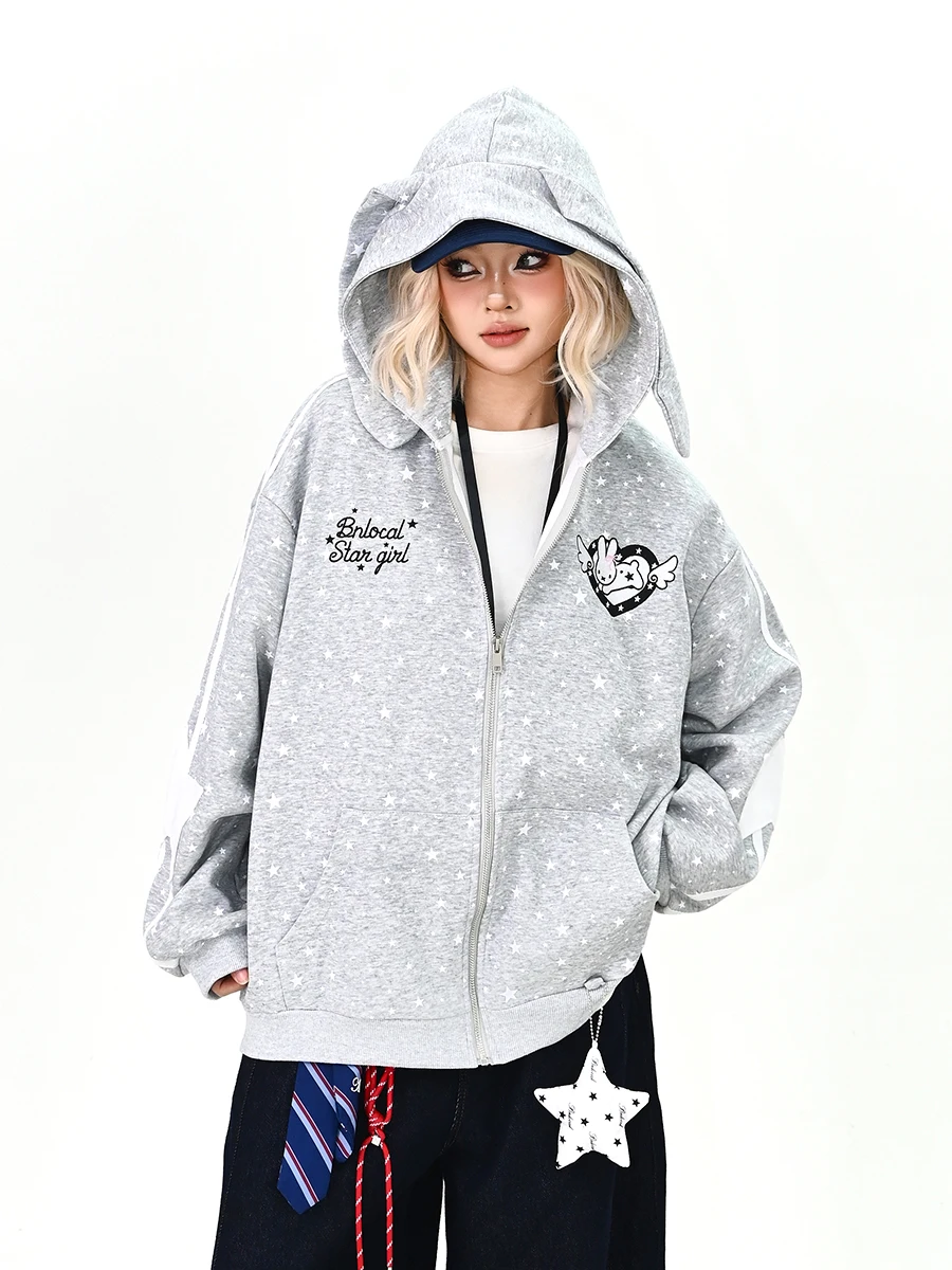 

Женский свободный кардиган-худи Lazy Starry Rabbit Ear с капюшоном, на молнии, в стиле BF College, весна 2026, новинка, уличный стиль
