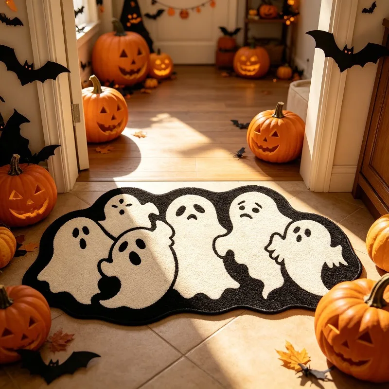 Soft Cute Black And White Ghost Door Mat Halloween Style Pumpkin Short Plush Irregular Carpet Balcony Festive Atmosphere Decor