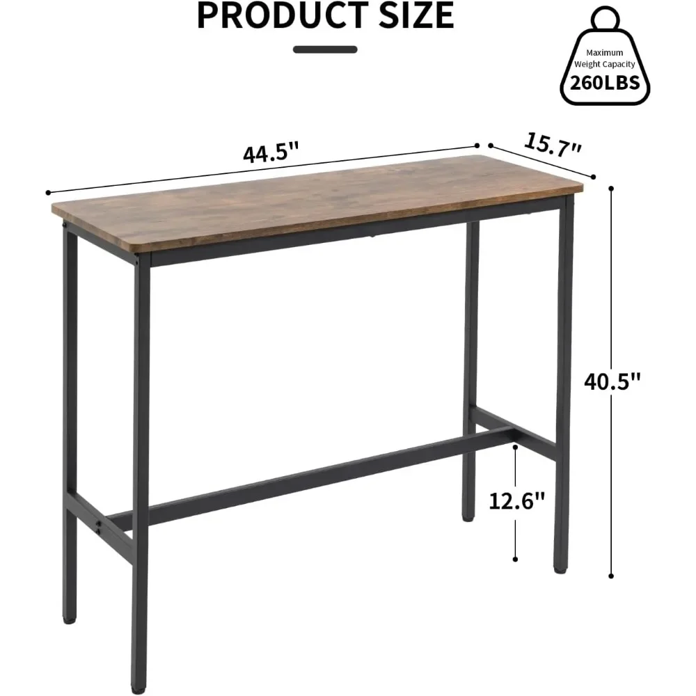 Tabela superior alta retangular estreita do sofá, altura da barra e tabela do pub, tabela da entrada, MDF e pés pretos, 44,5 dentro