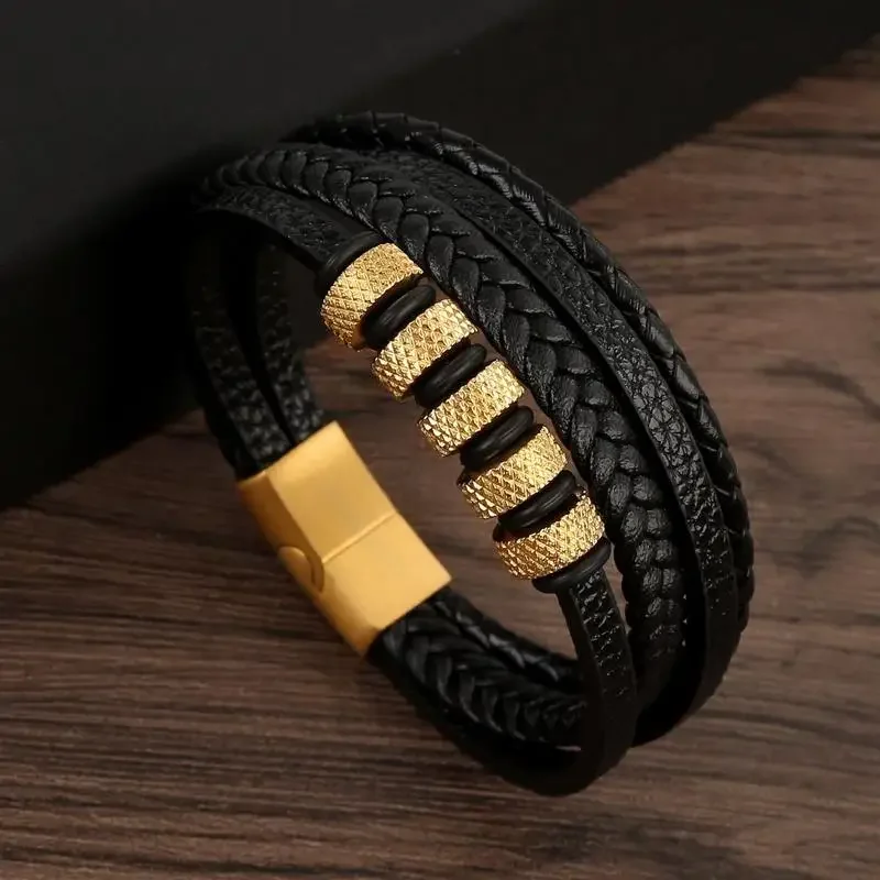 Luxury fashion braided leather bracelet classic multilayer men's beaded bracelet with frosted magnetic buckle party jewelry gift