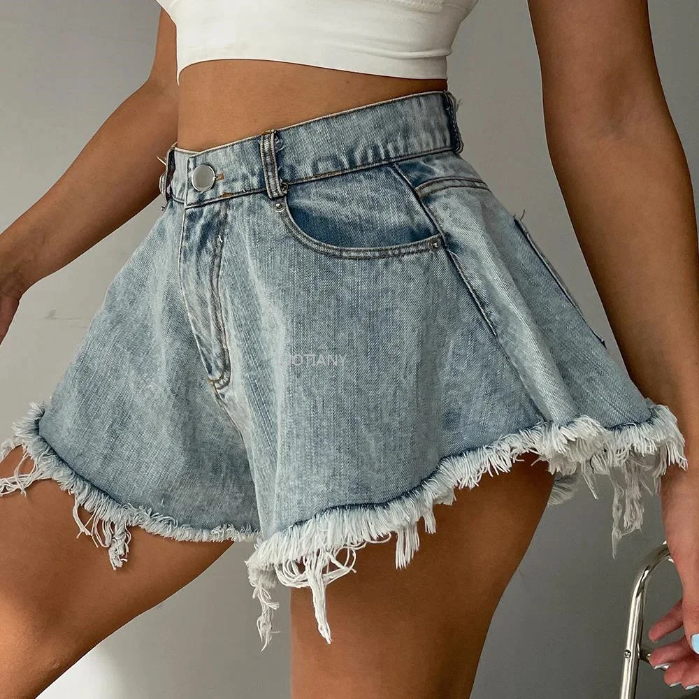 New European And American Sexy Light Blue Wide Leg Shorts Women Denim Pants With Holes And High Waist Loose Tassel Jeans S-XXL