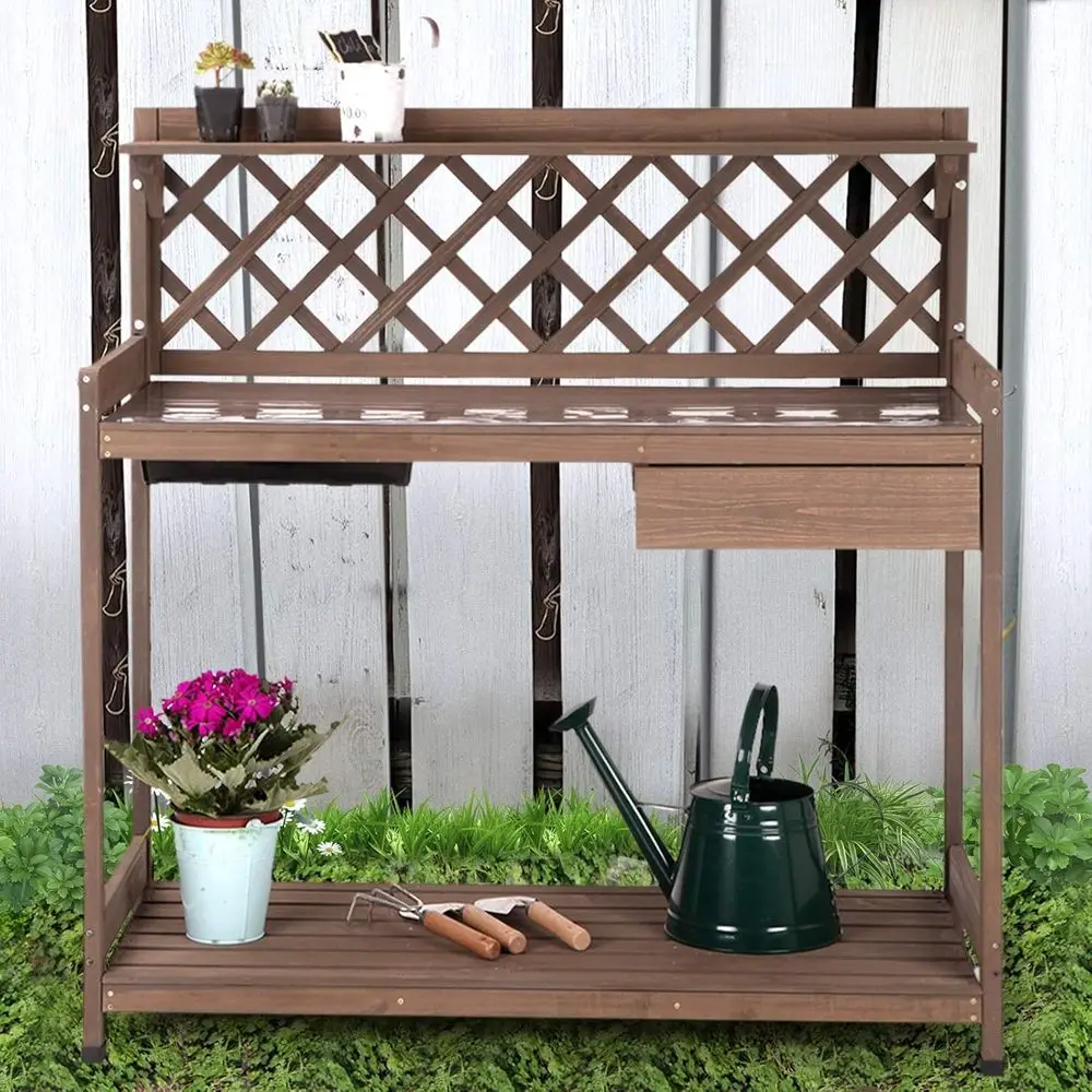 Outdoor Wooden Garden Work Bench with Sink Storage PVC Layer Der Shel Hook Gardening