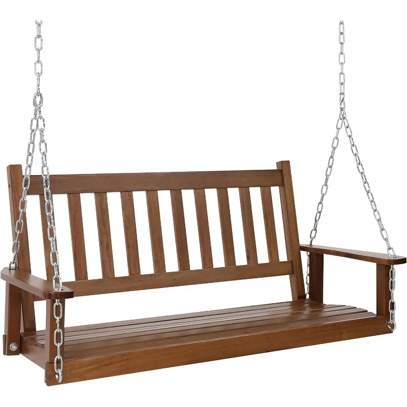 

Outdoor Patio Hanging Wooden Porch Swing 4FT with Chains, 2-Person Heavy Duty Swing Bench for Garden and Backyard