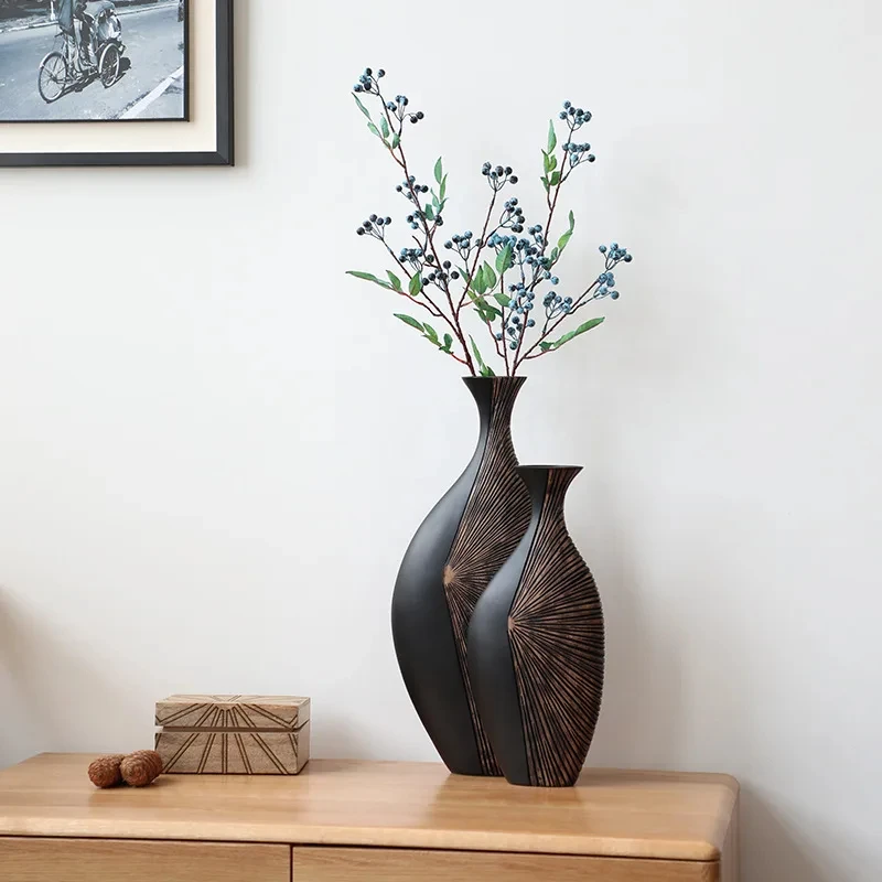 Home Decor Retro Light Luxury Black Vases Living Room Dry Flower Art Porch Resin New Chinese High Sense Decoration