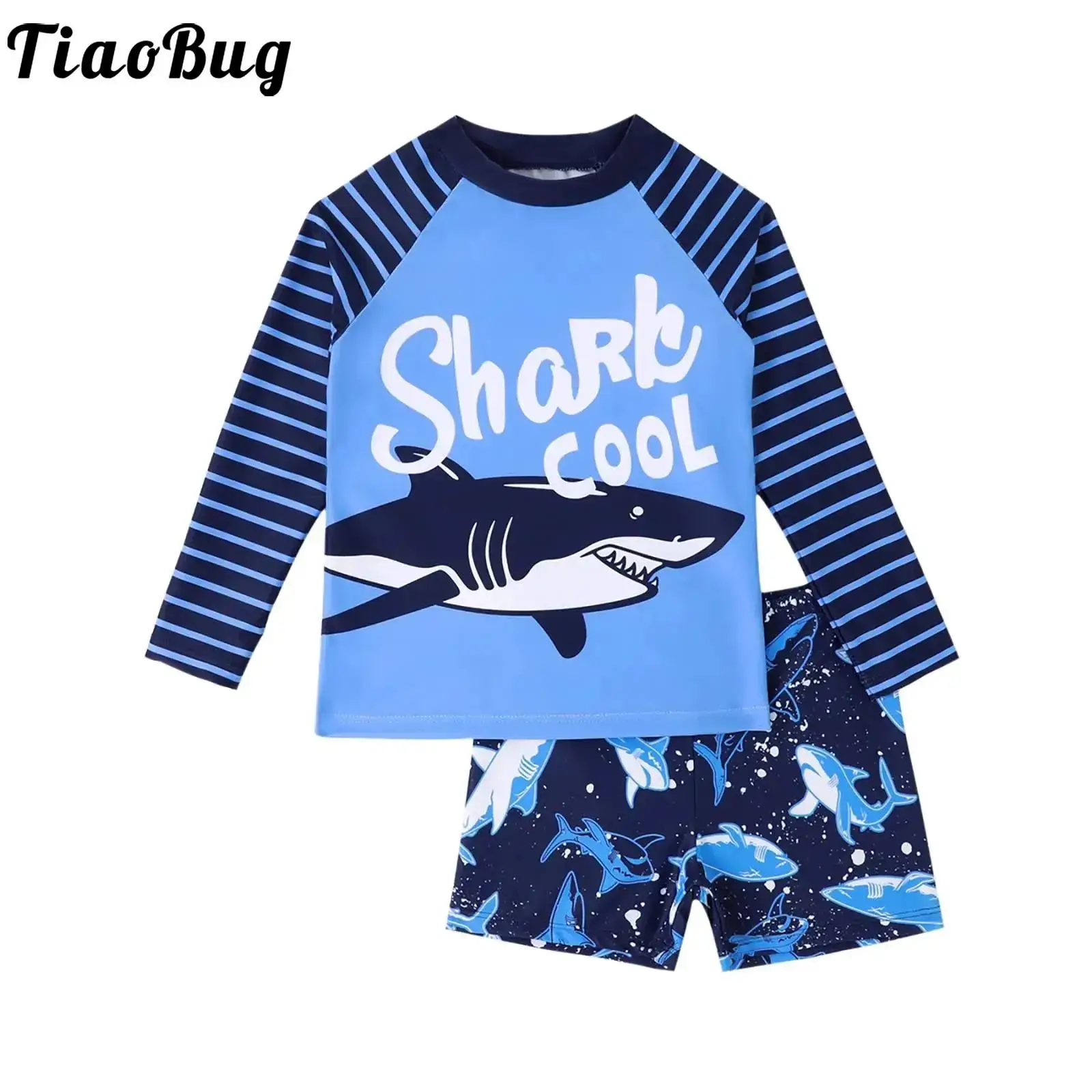 

Boy 2-Piece Swimwear Shark Print Stripes Swimwear Long Sleeve Swim Top with Swim Trunk Sun Protection UPF 50+ Rash Guard Outfit