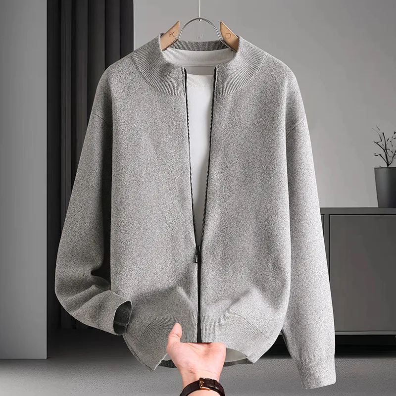 

2025 New Men's Knitted Sweater Cardigan Coat Zipper Opening Stand Collar Casual Winter Faion Youth Warm Color