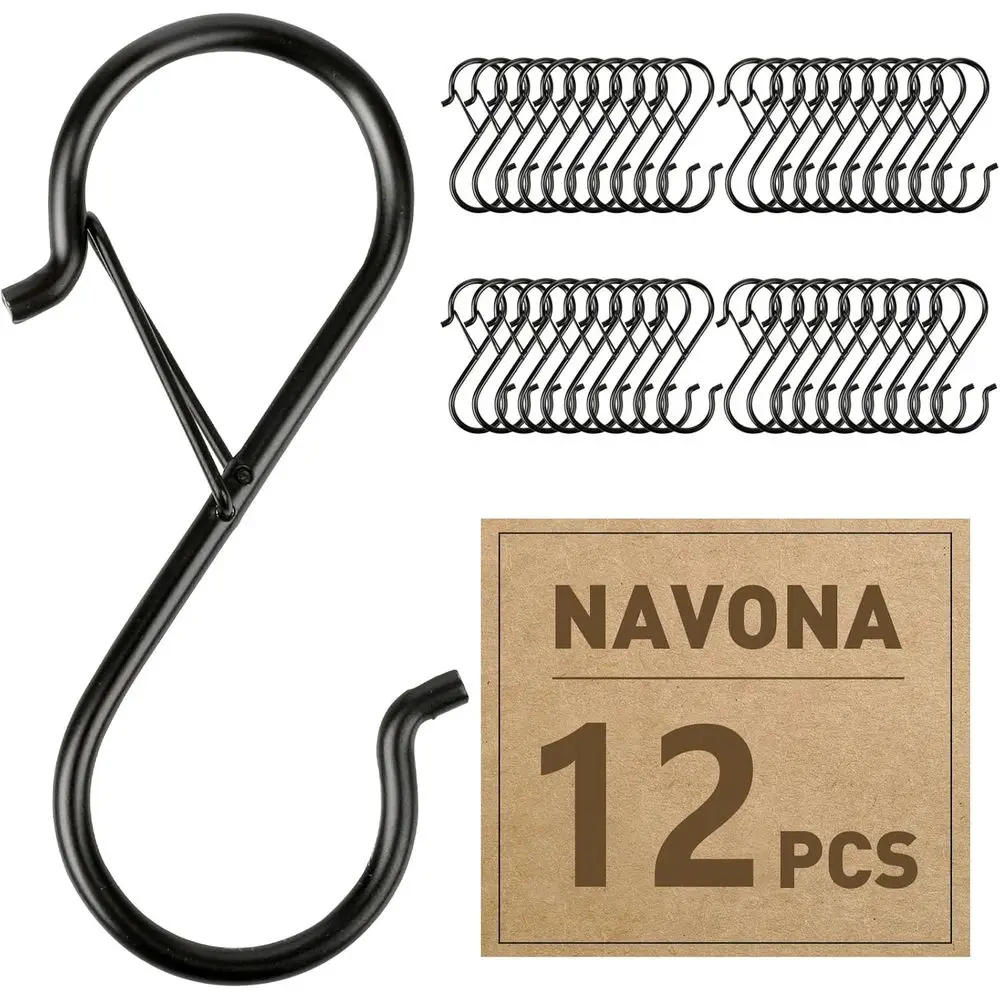 12-Pack Heavy-Duty 3.5 Metal S Hooks with Safety Buckle for Hanging Plants, Kitchenware, and More