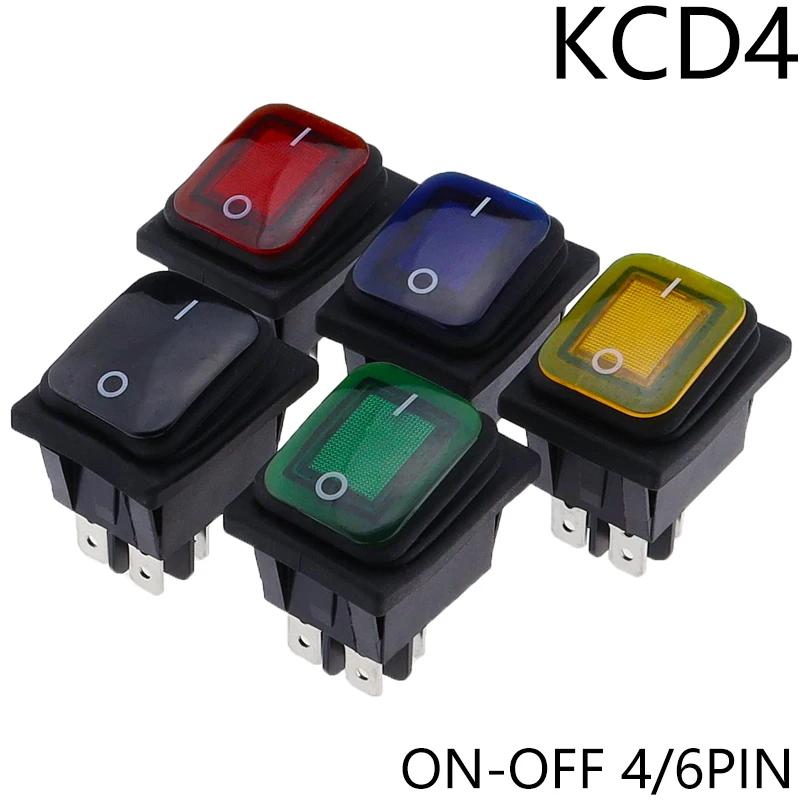 30x22 Heavy Duty Waterproof Rocker Switch 12V Red LED 220V Light Illuminated 16A 250VAC KCD4-201 DPST Switch 4pin