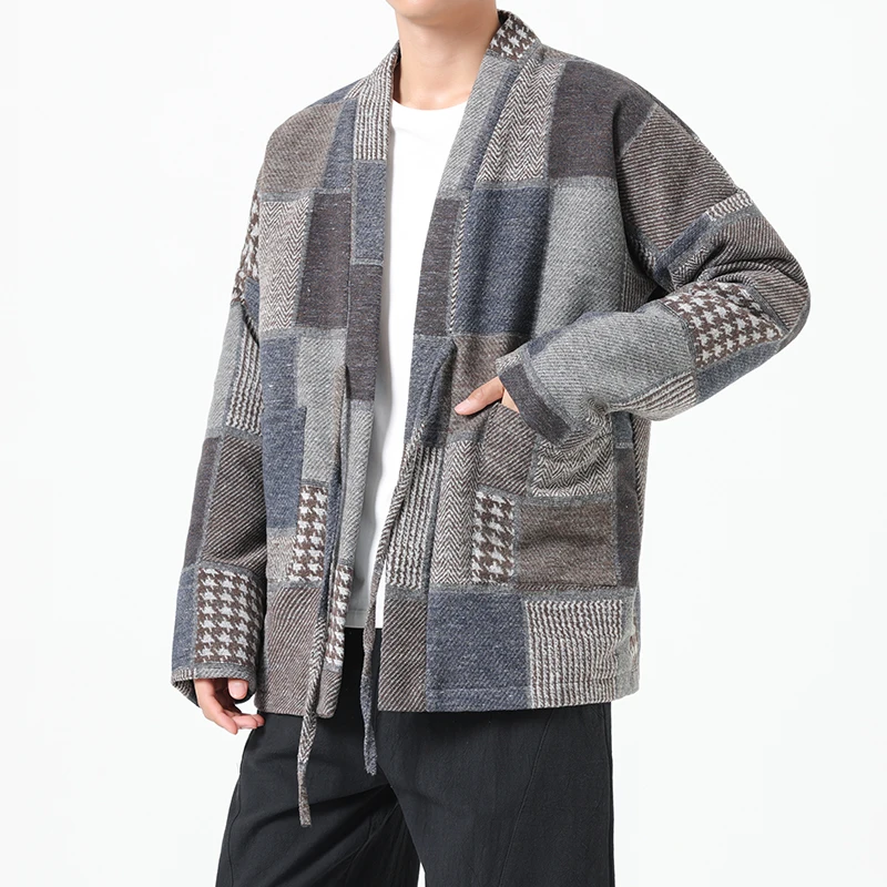 

2026 Autumn Winter Retro Men Chinese Style Lattice Shirt Men Trendy Loose Fit Brushed Cardigan Coats Male Vintage Robe Jacket