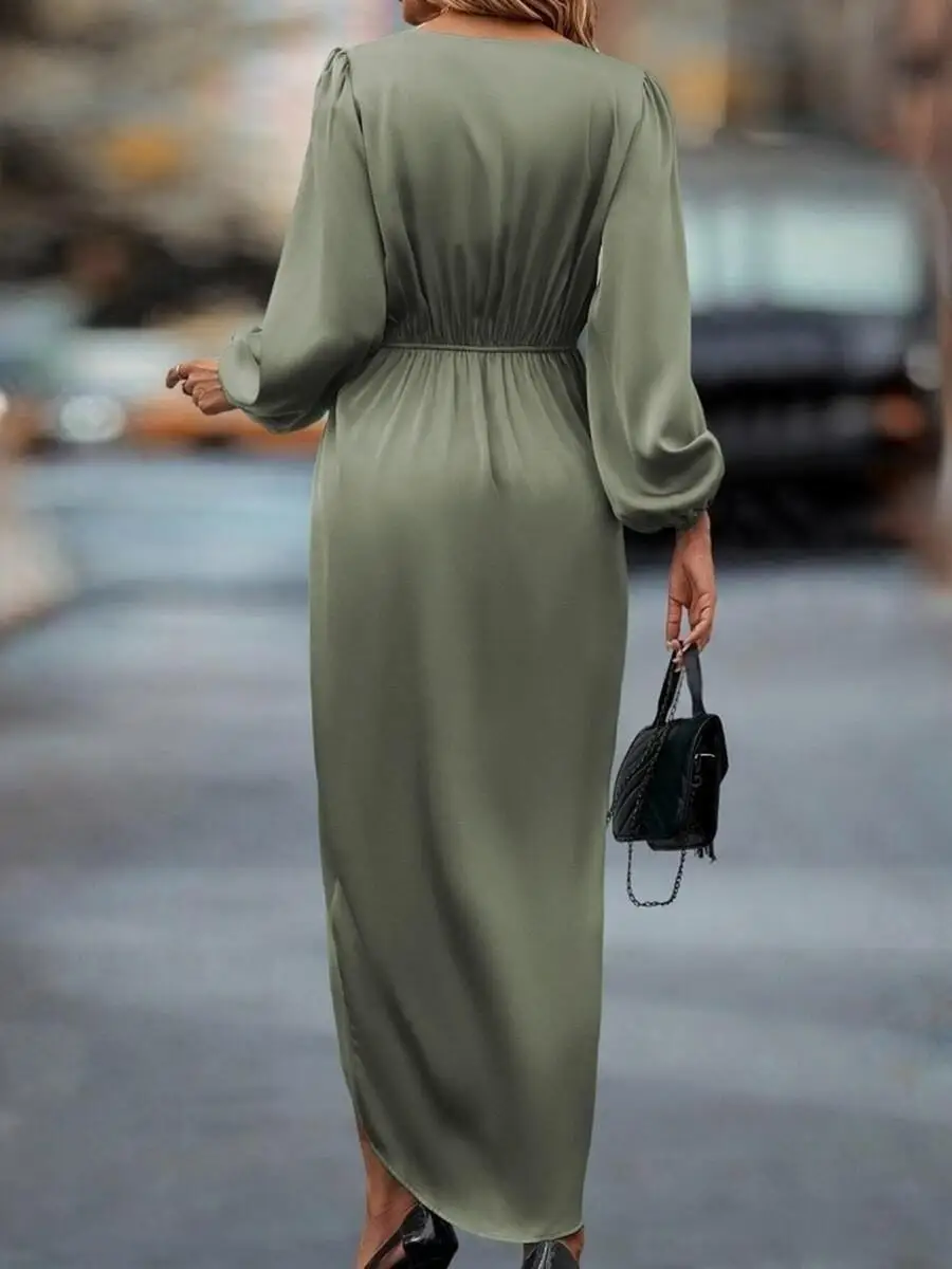 Asymmetric LanternSve LongSve Satin Maxi Dress Women's Commute Style High Waist Long Sleeve Gown Daily Wear Basic Model