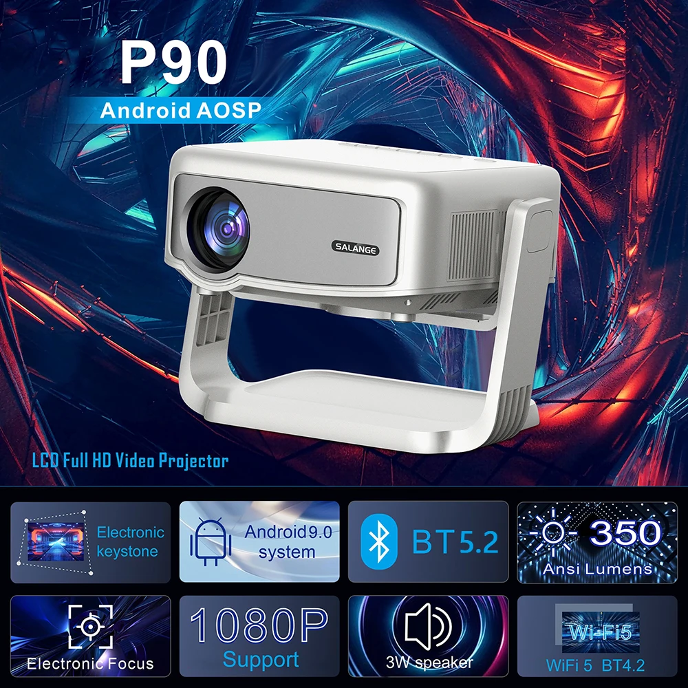 Salange P90 Android Projector 1080P Support 4K 350 ANSI Wifi6 BT5.0 Home Cinema Mini Video Beamer Portable