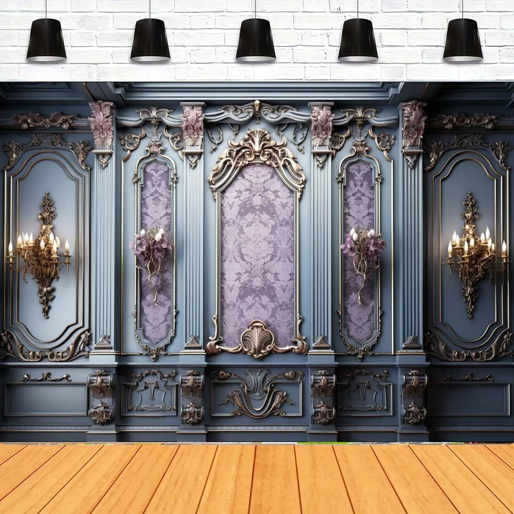 Sfondo fotografico da parete con castello retrò in stile europeo per interni, sfondo da studio con motivo in gesso classico viola e blu