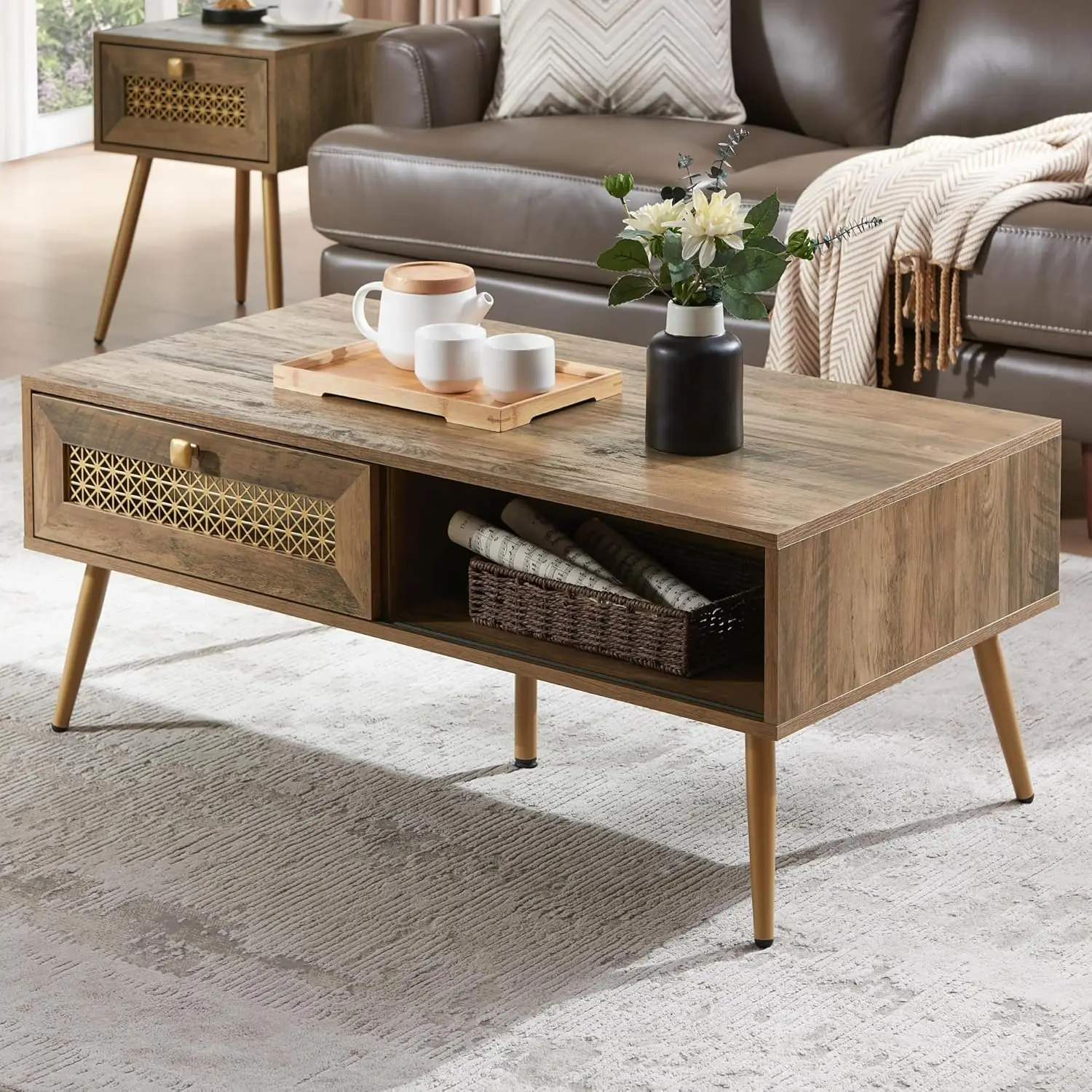 Wooden Mid Modern Coffee Table, Retangle Coffee Table with Sliding Door, Coffee Table for Living Room