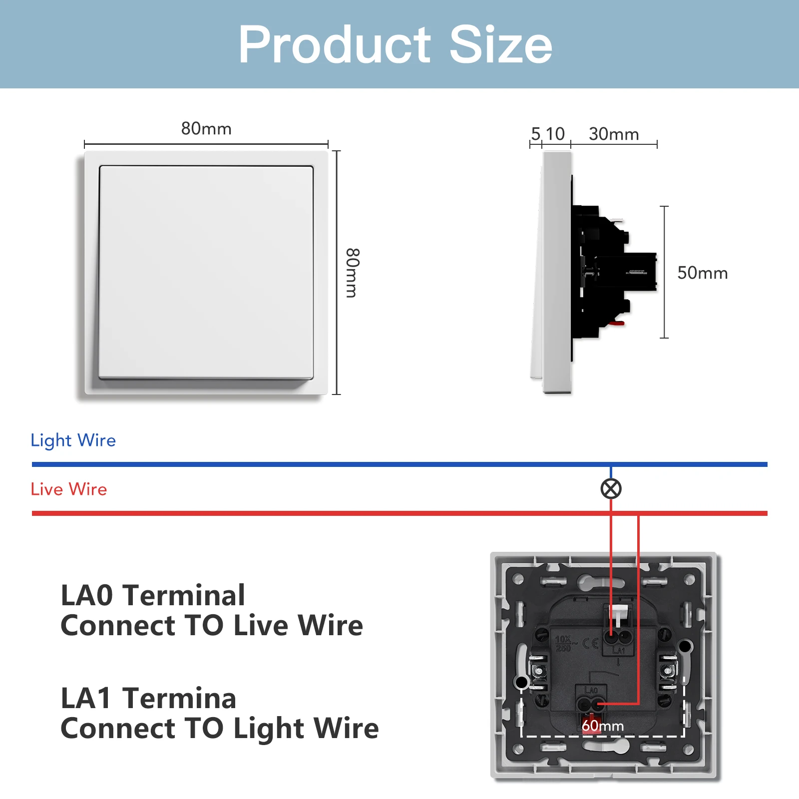 BSEED Mechanical Button Switch 1/2Gang 1Way Wall Light Switch On/Off Wall Switch Plastic Frame 80*80mm Switch