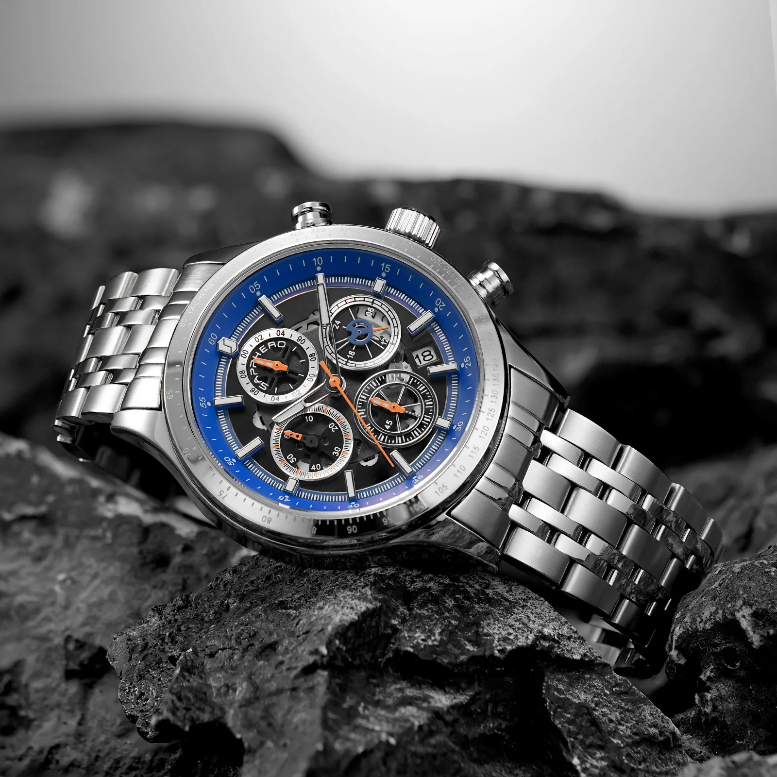 SAPPHERO Men's Quartz Chronograph Watch, Stainless Steel Bracelet, Alloy Case, Date Display, 50mm Analog Dial, 10ATM Waterproof