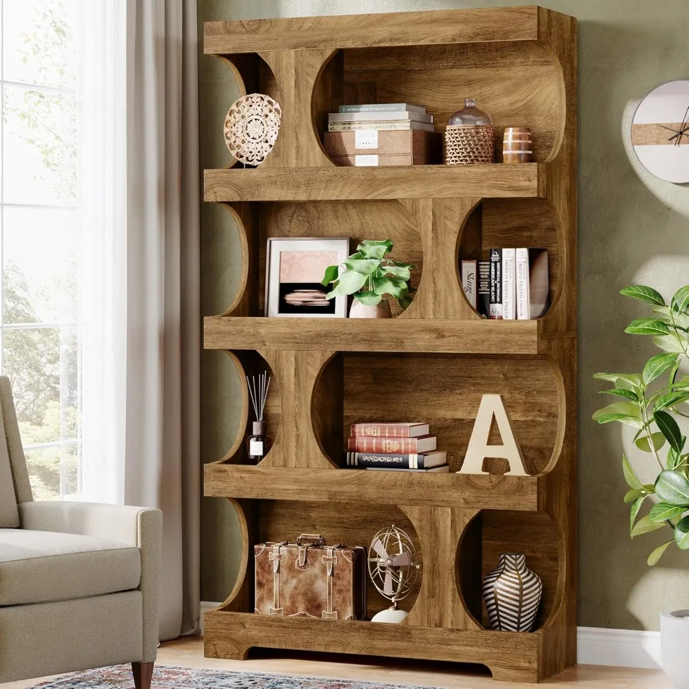 

71" Tall Bookcase, 4-Tier S-Shaped Bookshelf, Wood Decorative Storage Shelving, Modern Freestanding Display Shelves, Large Libr