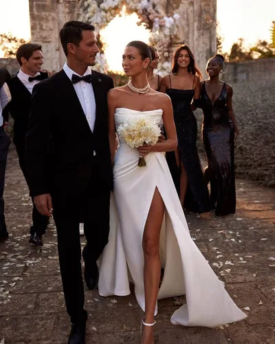 Imagen 2 del producto Vestidos de novia de satén simples, vestido de novia Civil plisado con abertura lateral, vestido de novia minimalista para ceremonia de boda 2025 personalizado