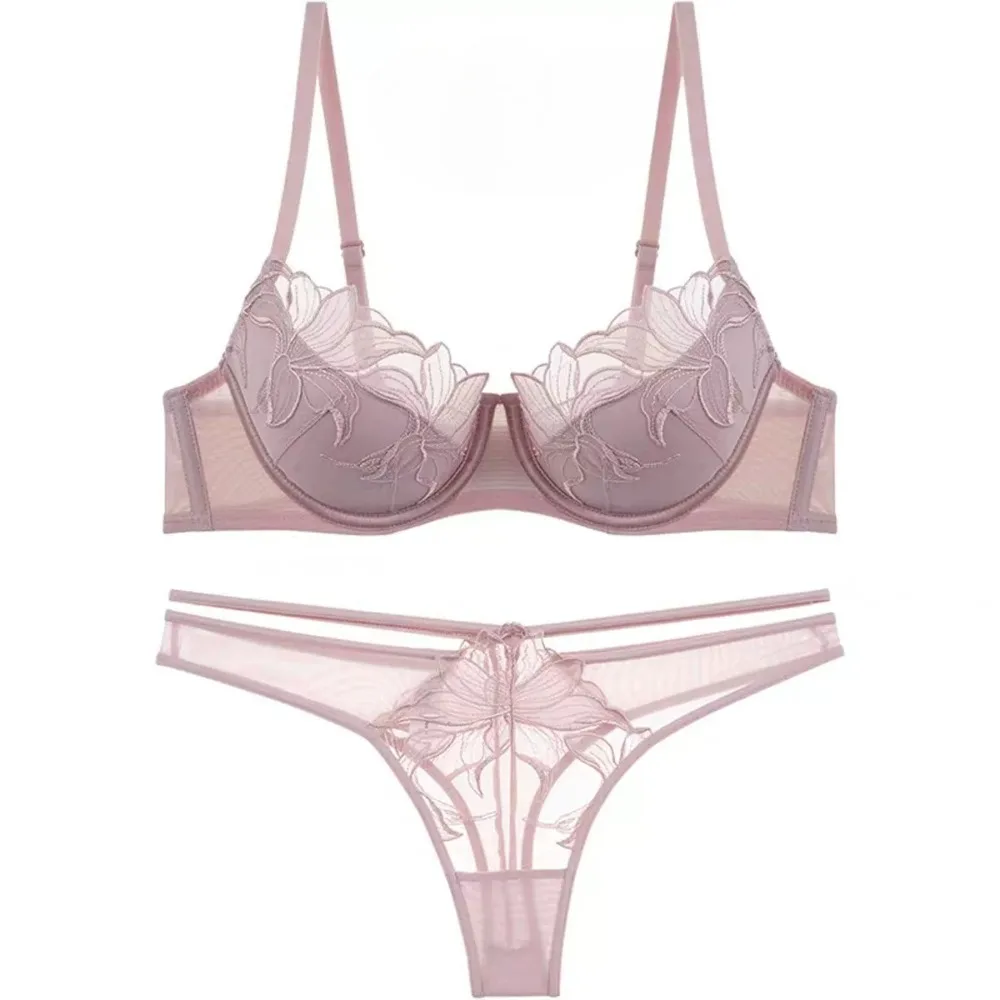 Soft French Lace Lingerie 2Pcs Set for Ladies Thin Cup Push Up Bra Tanga Panties Breathable Floral Women Intimate Underwear Set