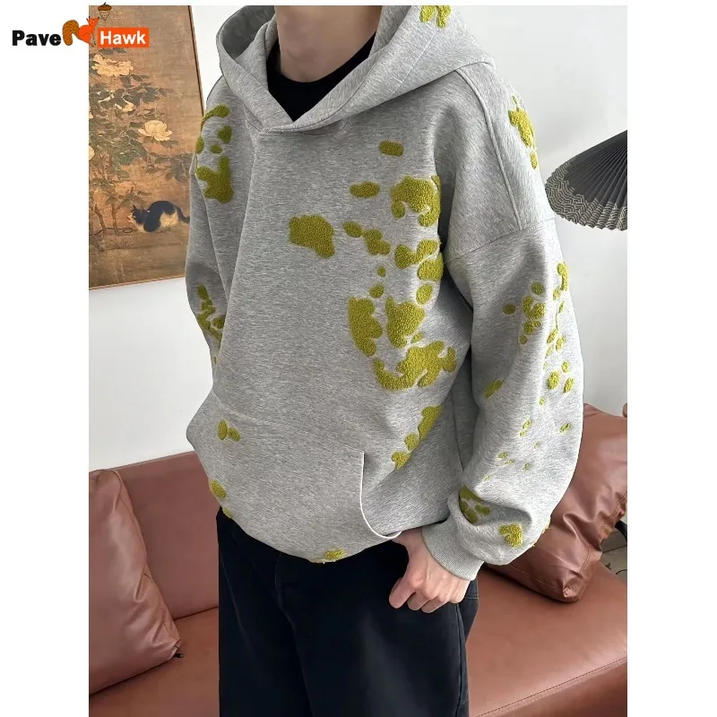 Trendy Design Mens Hoodie 2025 New American Retro Grey Fleece Unisex Hooded Jacket Embroidery Moss Color Block Male Pullover