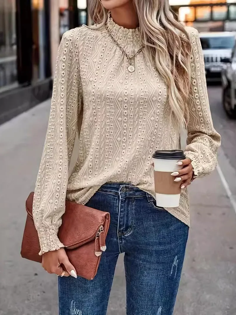 

Ladies Pure Color Jacquard round Ne Long Sve Top Knitted Straight Cut T-irt Daily Wear Polyester Long Sve T-irt