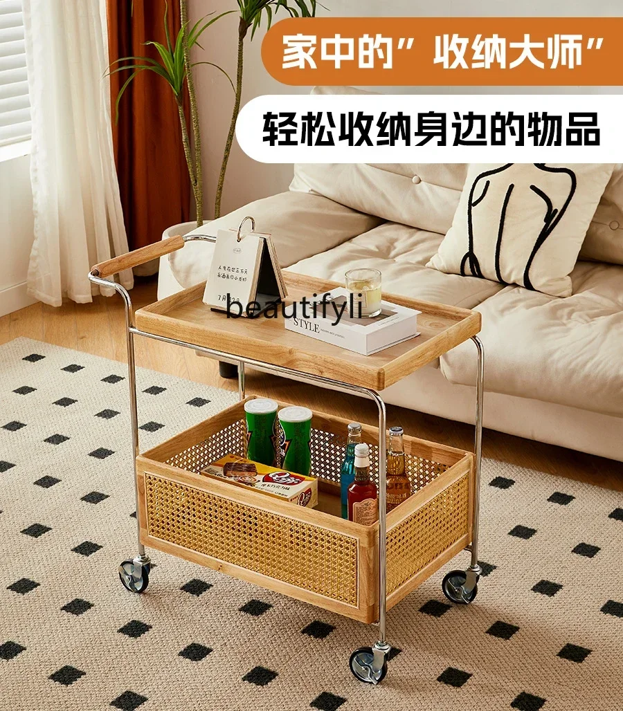 Medieval sofa side few mobile cart coffee table retro solid wood rattan bedroom bedside locker