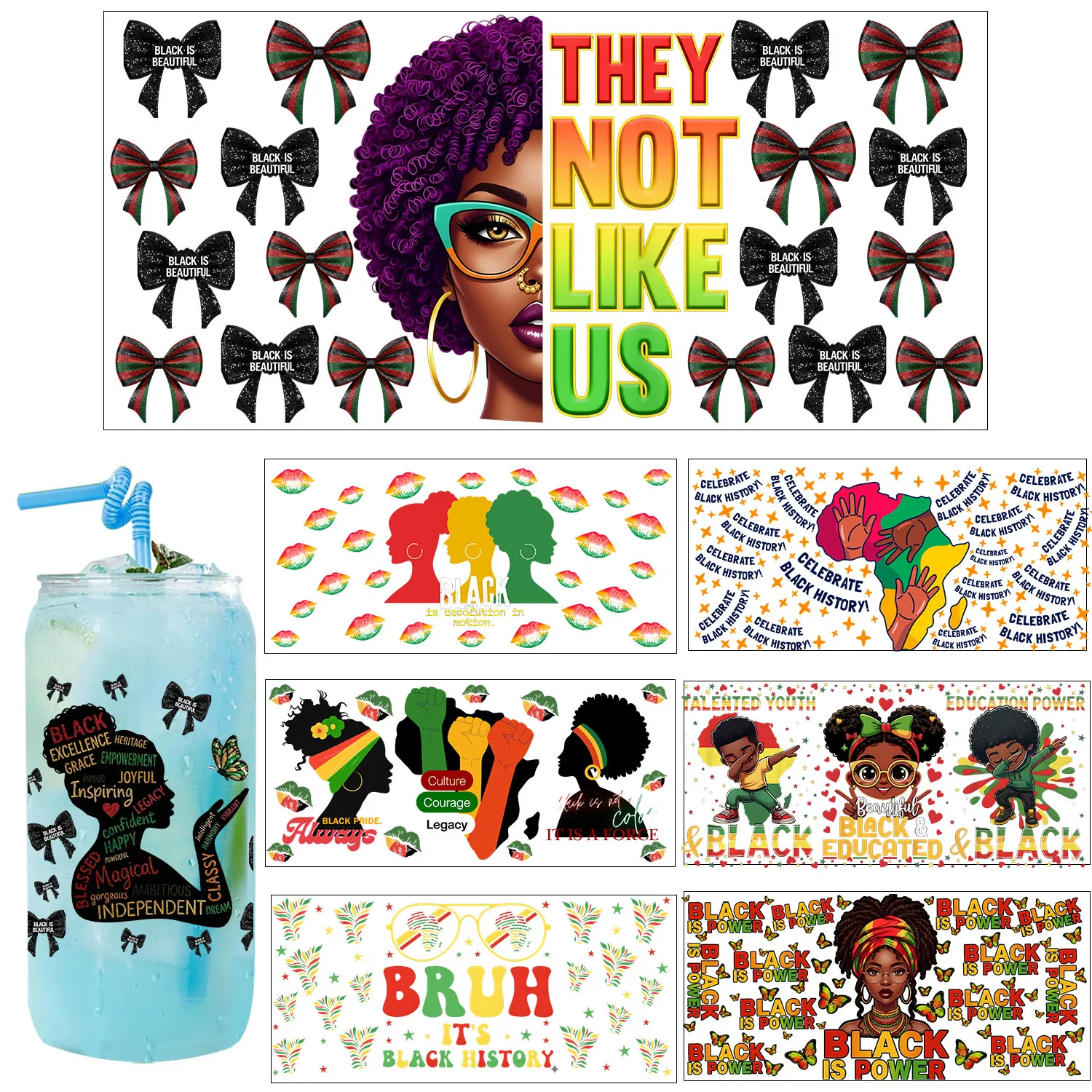 Black women Juneteenth UV DTF Transfer Sticker Party DIY Decals 3D transfers uvdtf tumbler seal stickers 16oz uv dtf cup wraps