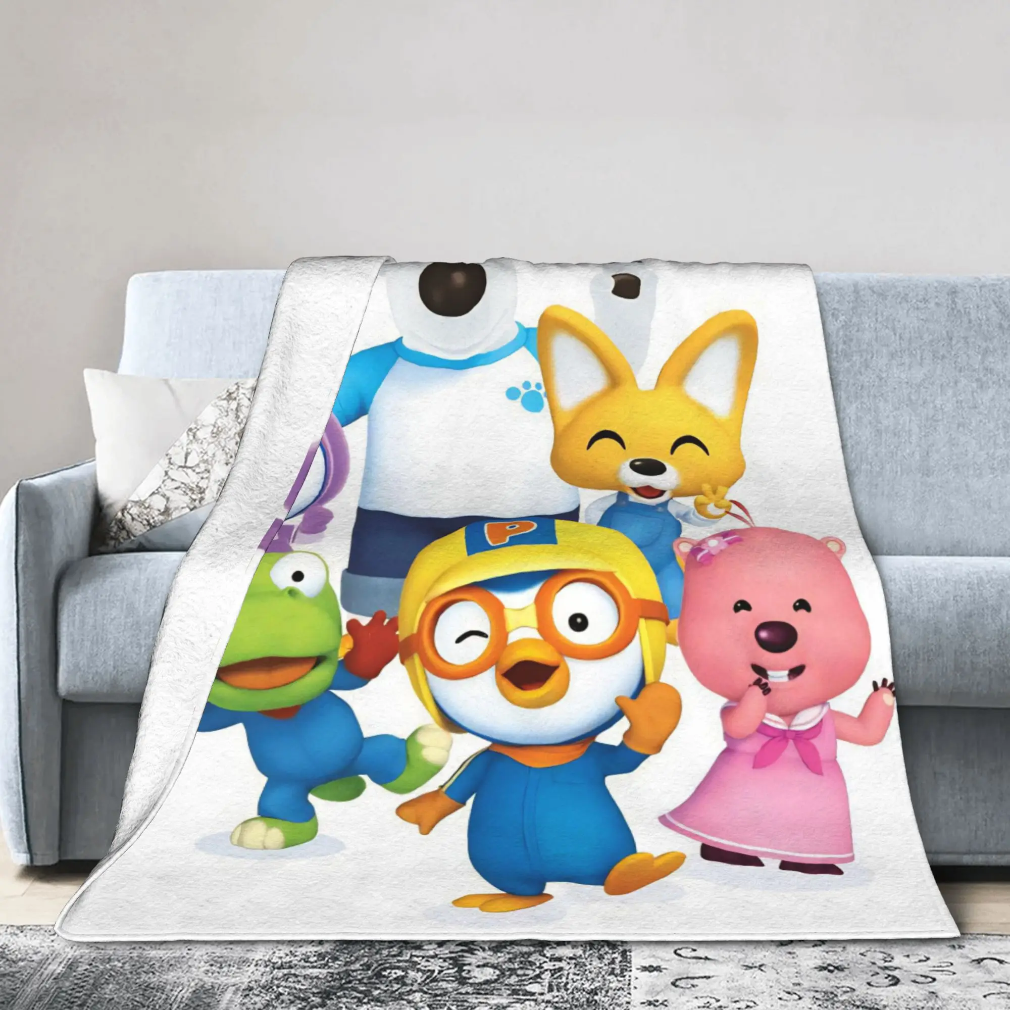 Cartoon Pororos Fleece Throw Blanket Blanket for Home Travel Ultra-Soft Bedspread,