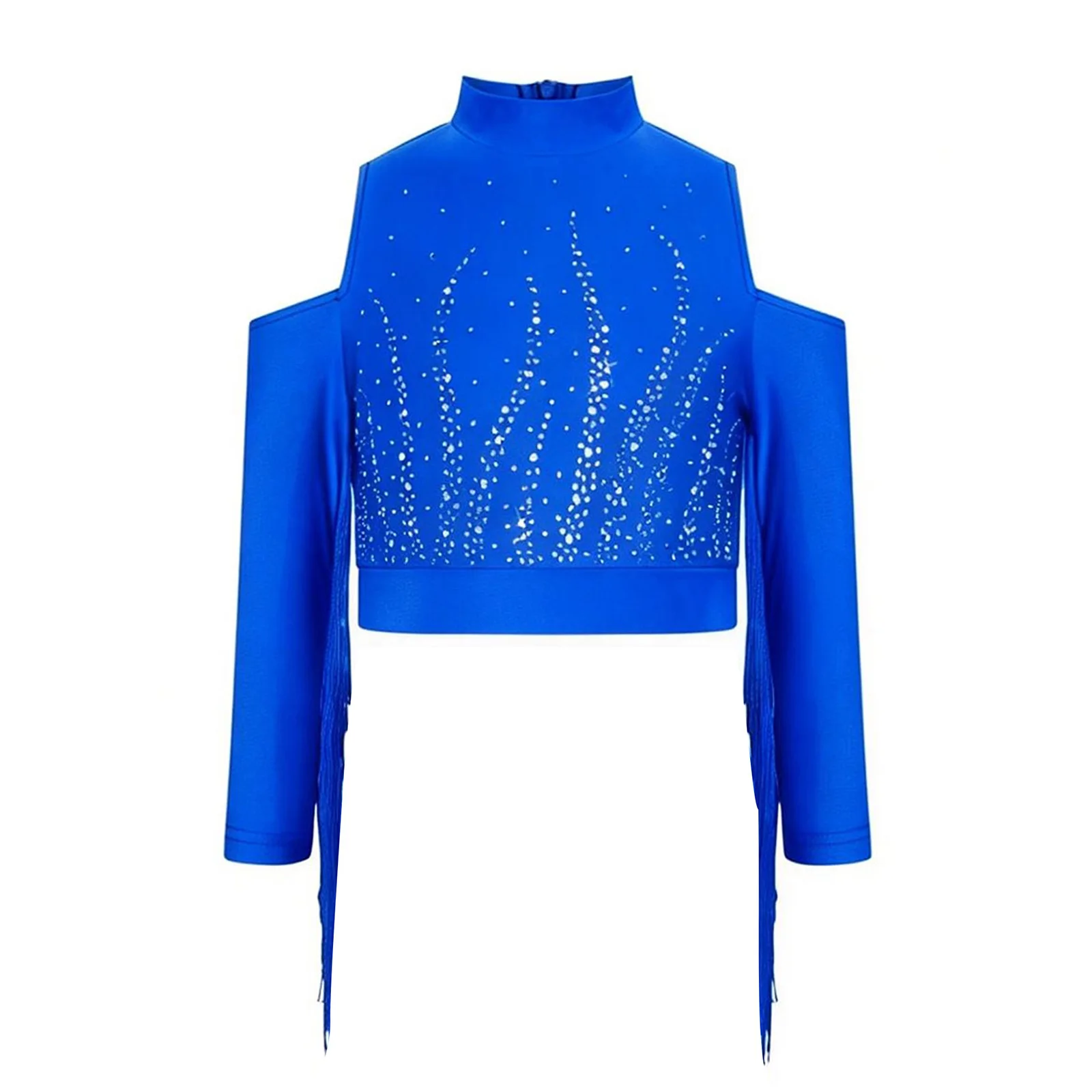 

Kids Girls Latin Jazz Tango Cha-cha Salsa Dance Crop Tops Stage Top Cold Shoulder Tassels Long Sleeves Shiny Rhinestones Shirts