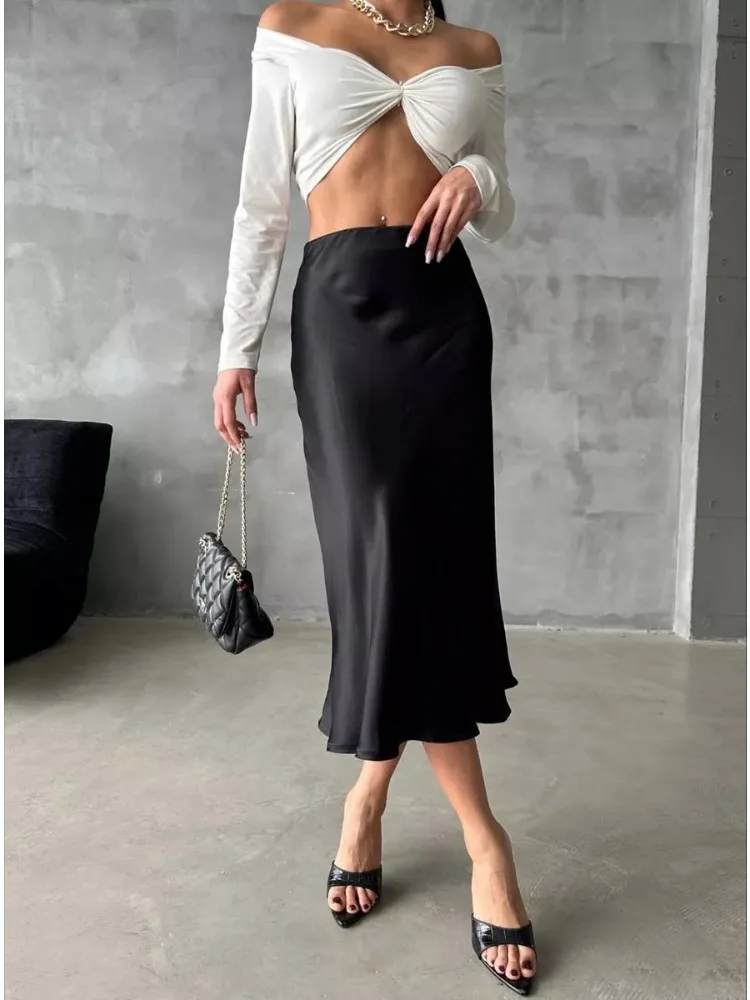 Houzhou Satijn Midi Rok Vrouwen Mode 2024 Zomer Koreaanse Casual Hoge Taille Elegante Slanke Lange Rok Chique Dames Kantoor