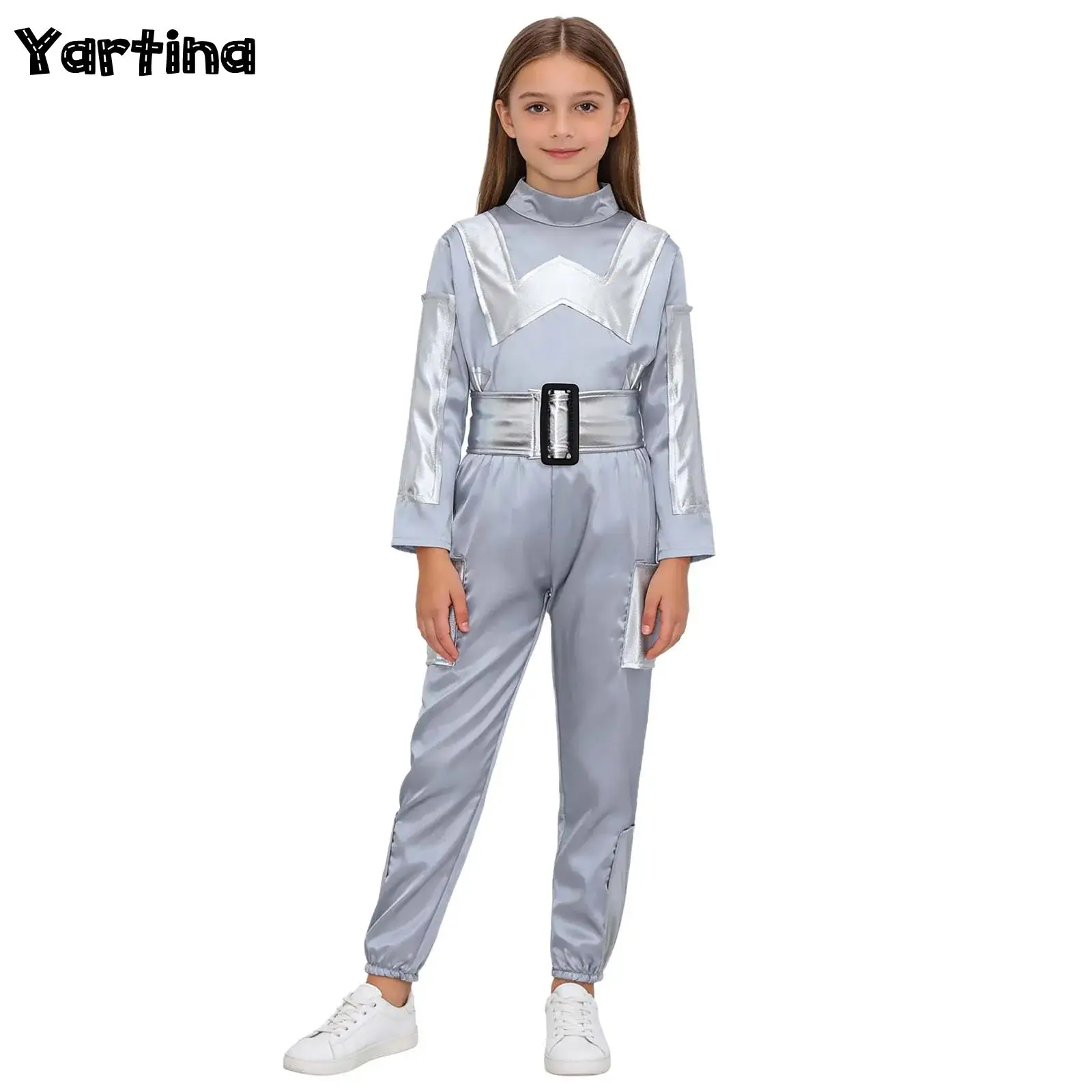 

Kids Boys Girls AI Technology Sense Robot Alien Themed Parties Cosplay Costume Long Sleeved Top Waistbelt And Long Pants Set