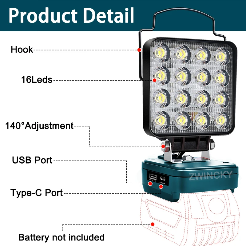 

For Bosch 18V Li-ion Battery 48W LED Working Light With Type C USB Hook Portable Emergency Lamp Outdoor Camping Handheld Torch