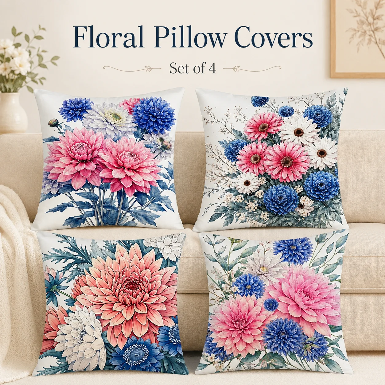 

Watercolor Floral 2D Flat Printed Peach Skin Pillow Case Set Of 4 Aesthetic Pink Blue Bloom Cushion Cover For Cafe Studio Room