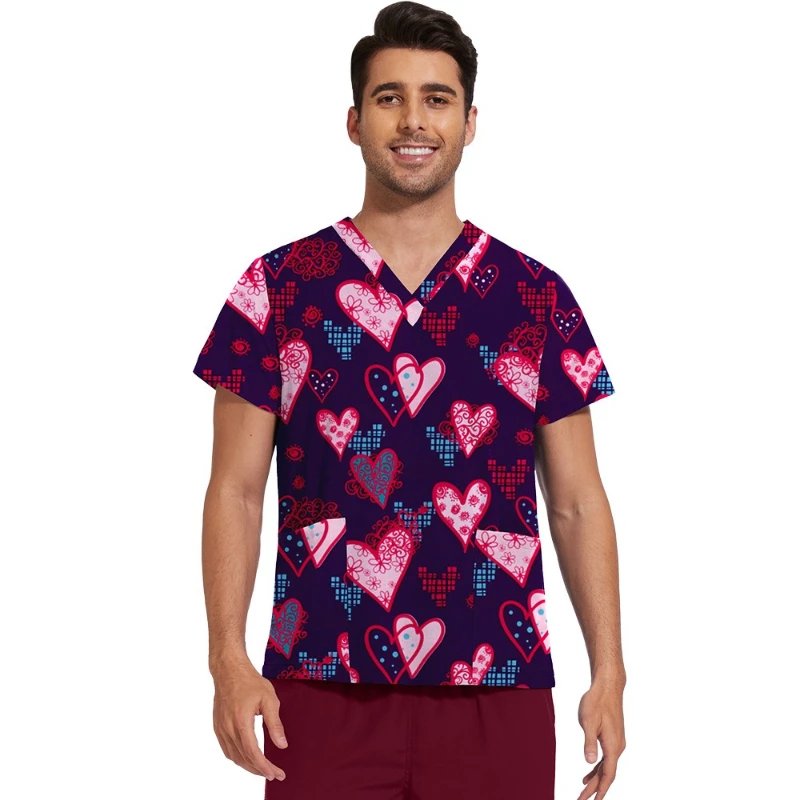 Unisex V Neck Floral Printed Scrubs Set Stretch Quick Dry Medical Work Uniform for Pediatric Clinic Hospital Doctors and Nurses