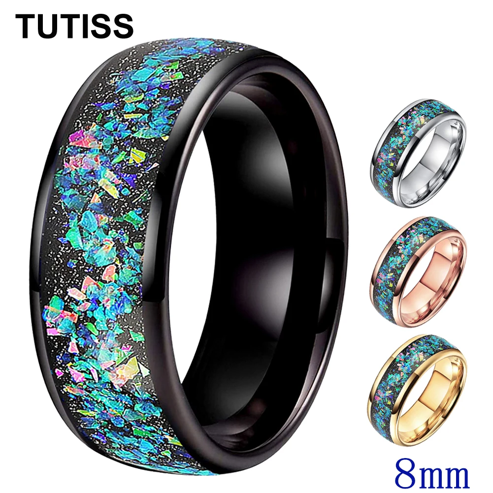 TUTISS 8mm Men Women Galaxy Opal Ring Nice Tungsten Engagement Wedding Band Domed Polished Fashion Jewelry Comfort Fit