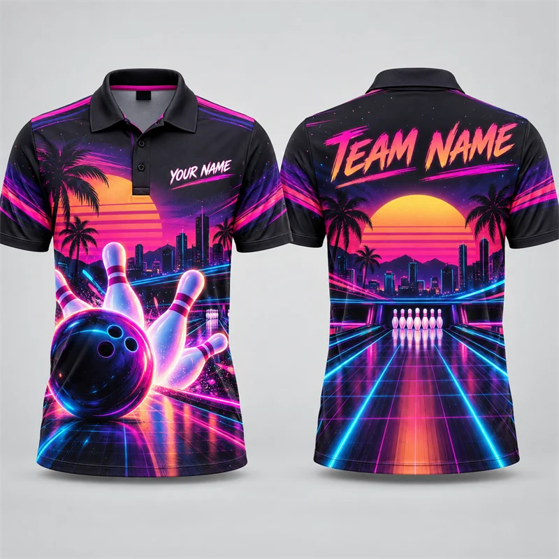 Personalized Bowling Polo Shirt Custom Name Team Name Neon Graphic Short Sleeve Jersey League Tournament Sports Team Uniform Top