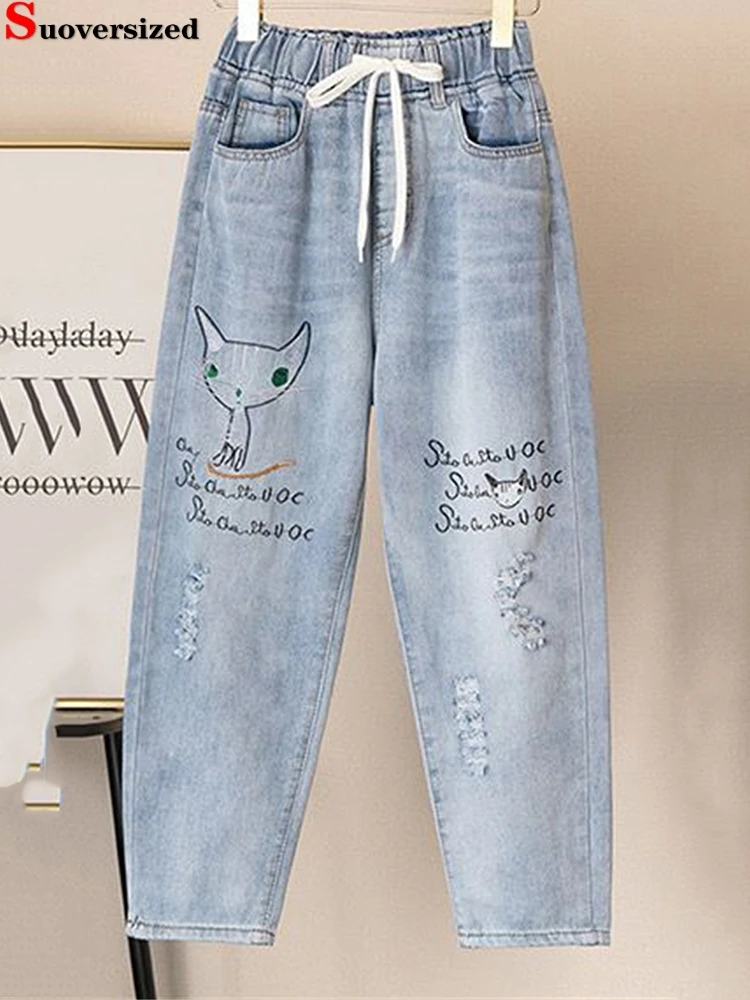 Cartoon bestickte Harem Jeans Baggy knöchel lange Jeans hose Schnürung Spodnie Straight Ripped Vaqueros hohe Taille Jeansy große Größe