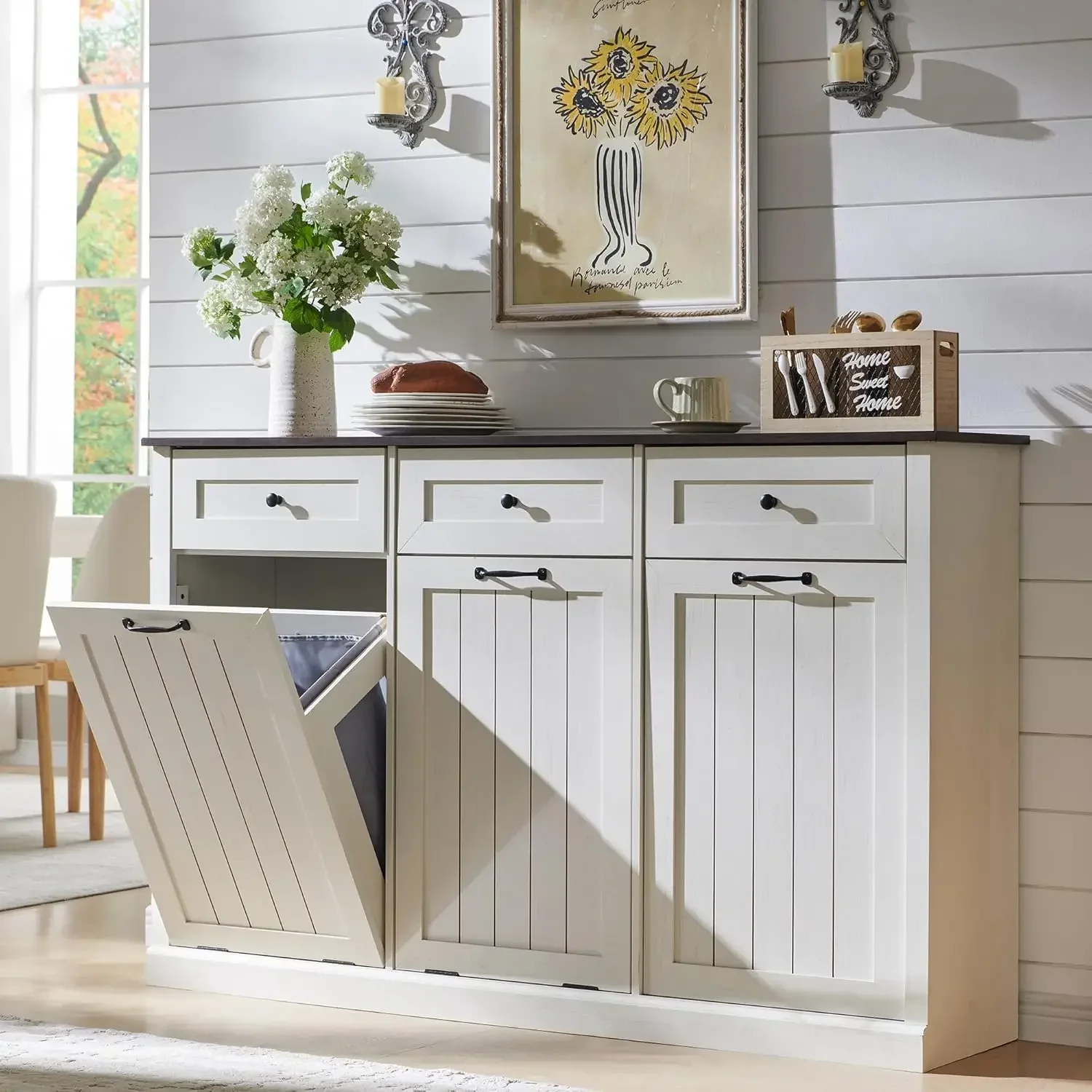 

Triple Tilt Out Trash Can Cabinet Laundry Hamper W Drawers Adjustable Shelf Hidden Wooden Storage Basket Kitchen Antique White